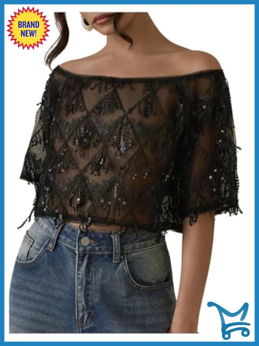 Sheer Sequin Off Shoulder Crop Top Party Club T Shirt
